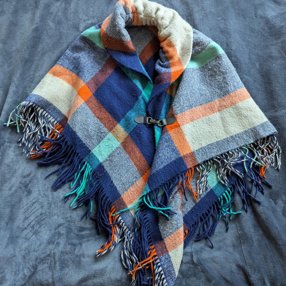 Colorful Plaid Poncho with Buckle